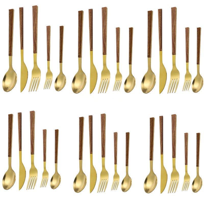 Edelstahl Besteckset mit Imitation Holzgriff, 30-teilig, Servierbesteck für 6 Personen, Plant Design