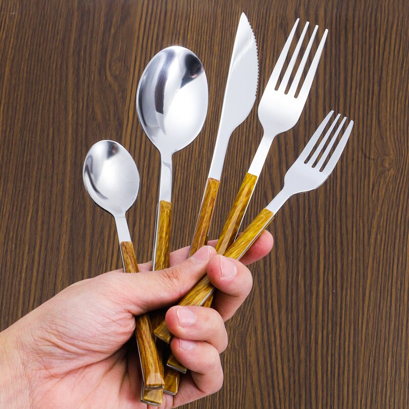 Edelstahl Besteckset mit Imitation Holzgriff, 30-teilig, Servierbesteck für 6 Personen, Plant Design