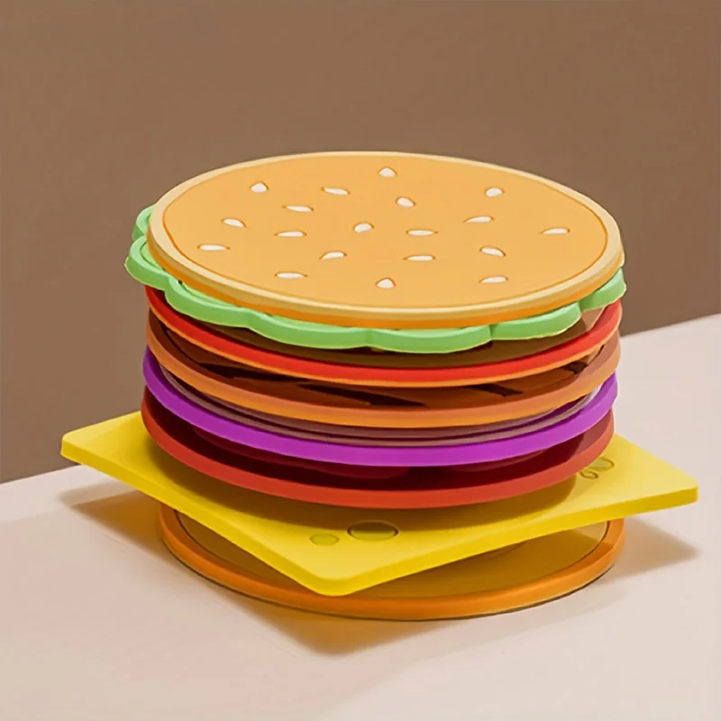 8 Stück Burger Form Coaster Set Silikon Isoliermatte für Tassen und Becher, Kreativ, Kinder Geschenk, Esszimmer Dekoration