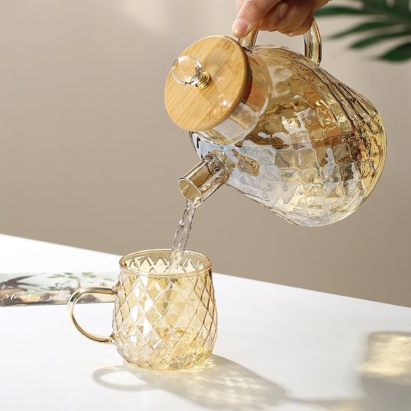 Champagner Teekanne aus Glas mit Bambusdeckel und abnehmbarem Filter, für losen Tee und Früchtetee, 1L / 1,5L / 1,8L