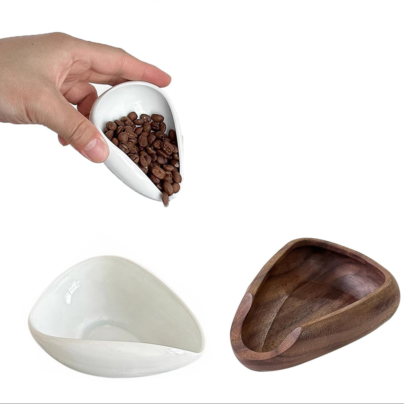 Kaffebohnendosierer Keramik/Walnuss Holz mit Löffel – Espresso Waage und Messbecher für Zuhause