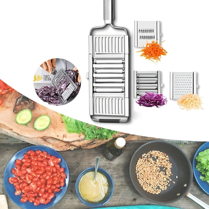 3-in-1 Edelstahl Reibe mit 3 austauschbaren Klingen für Gemüse, Obst und Käse