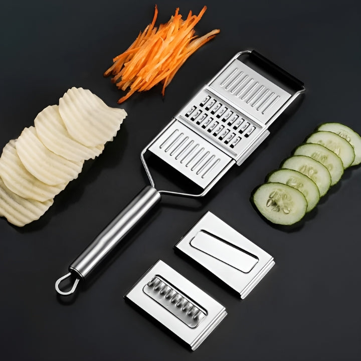 3-in-1 Edelstahl Reibe mit 3 austauschbaren Klingen für Gemüse, Obst und Käse
