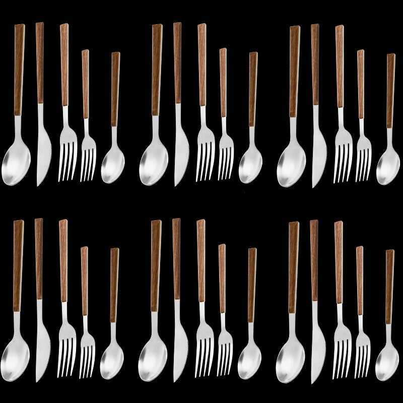 Edelstahl Besteckset mit Imitation Holzgriff, 30-teilig, Servierbesteck für 6 Personen, Plant Design