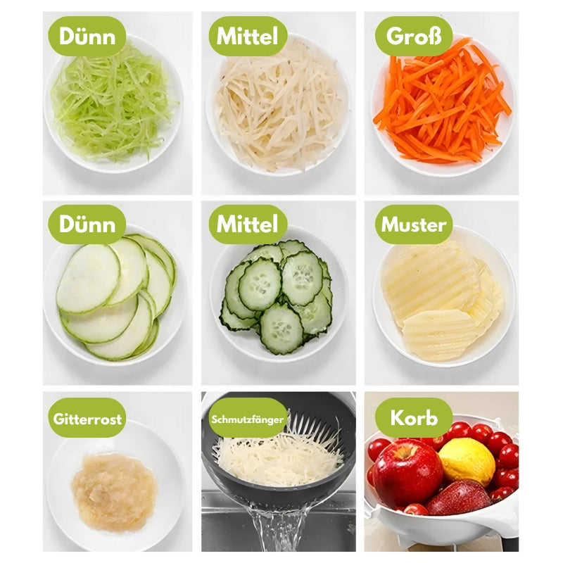 2-in-1 Gemüseschneider & Sieb, Multifunktionales Küchengerät für schnelles Schneiden, Hacken und Abtropfen von Gemüse und Obst