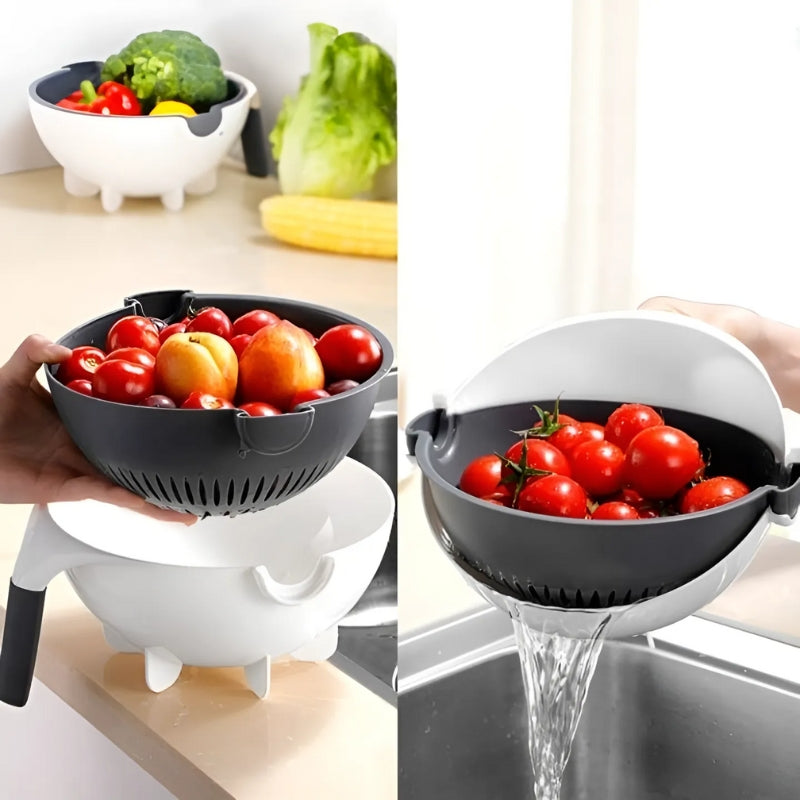 2-in-1 Gemüseschneider & Sieb, Multifunktionales Küchengerät für schnelles Schneiden, Hacken und Abtropfen von Gemüse und Obst