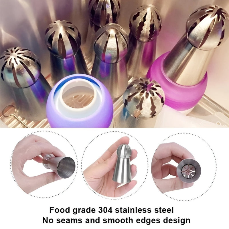 Kreatives Tüllenset aus Edelstahl – 18 Tüllen, 1 Spritzbeutel, 5 Adapter – Für Kuchendekoration und Backkunst