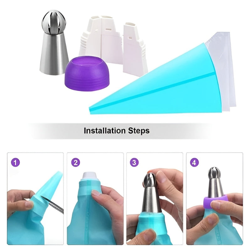 Kreatives Tüllenset aus Edelstahl – 18 Tüllen, 1 Spritzbeutel, 5 Adapter – Für Kuchendekoration und Backkunst