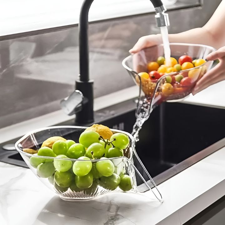 Abtropfkorb für Küche, Multifunktionaler Obst- und Gemüsekorb mit Drainage, Kunststoff