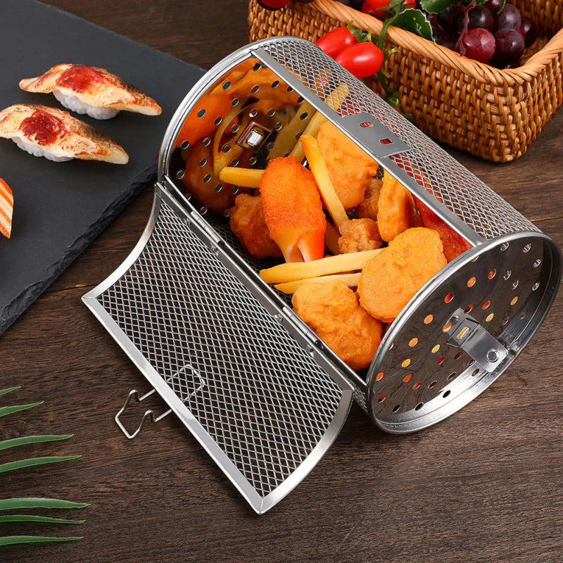 Edelstahl-Drehkorb für Grill & Backofen – Gleichmäßiges Garen – 14x18 cm / 14x25 cm