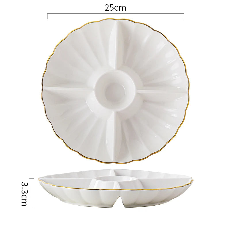 Keramische Servierplatte mit 5 Fächern – Geteilte Snackplatte für Trockenfrüchte & Beilagen – 25 cm