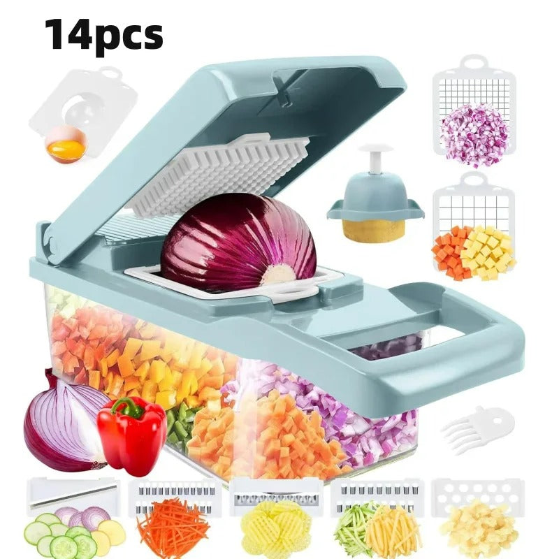 14-teiliger Multifunktionaler Gemüseschneider – Kartoffelschneider, Reibe, Würfelschneider für Salat & Gemüse