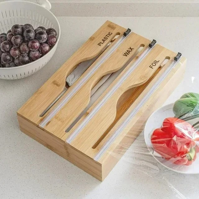 1 Stück Frischhaltefolienschneider Wandmontage Bambus Organizer mit Mehrfachfächern