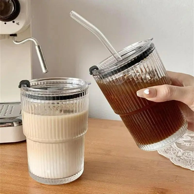 Glas Kaffeebecher mit Deckel und Strohhalm, hitzebeständiges Glas, Trinkbecher, 400ml
