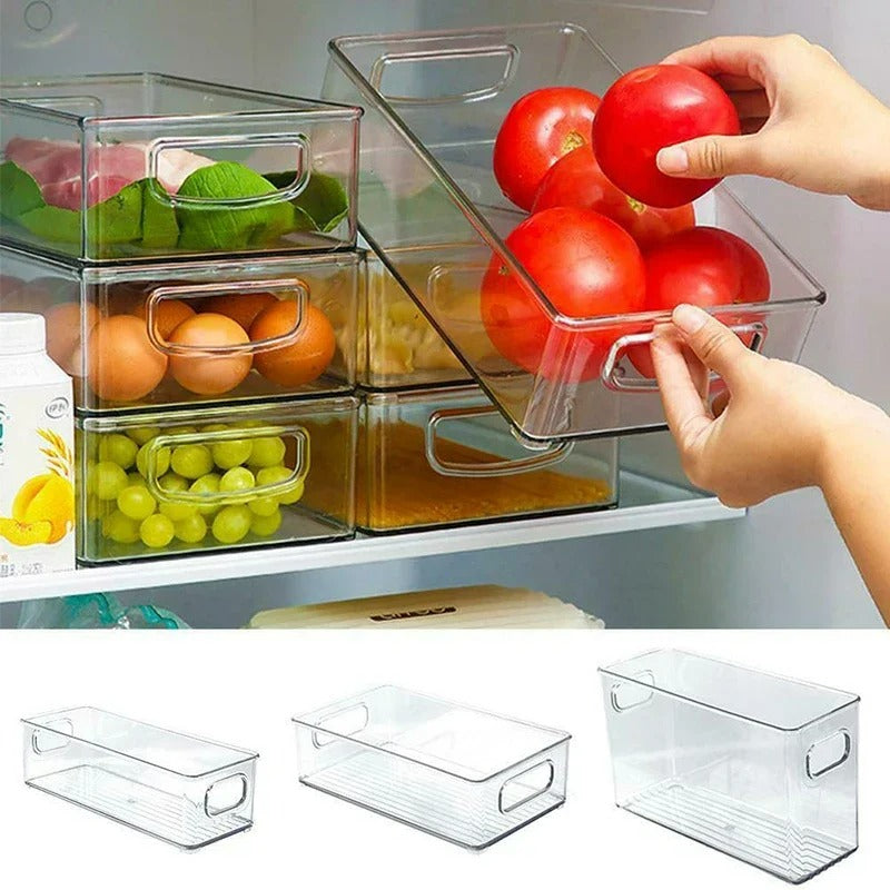 Stapelbare Kühlschrank-Organizer Boxen mit Griff – Kunststoff Aufbewahrung für Lebensmittel, Gefrierschrank und Pantry – Klar, 3 Größen