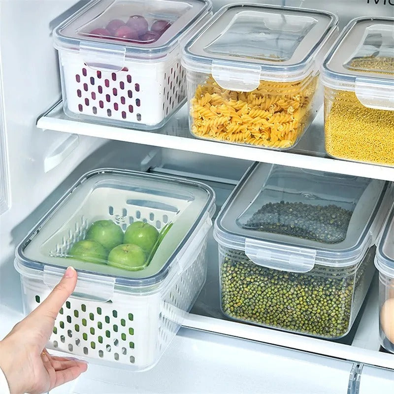 Kühlschrank Organizer Aufbewahrungsbox für Gemüse und Obst mit Abtropfkorb, 850ML–3300ML