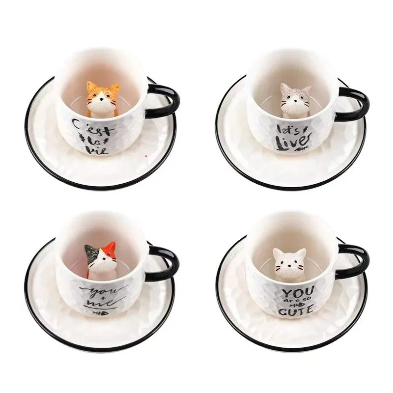 Keramik Katzenbecher mit Pfotendesign – 3D Tassen-Set mit Unterteller, für Kaffee & Tee