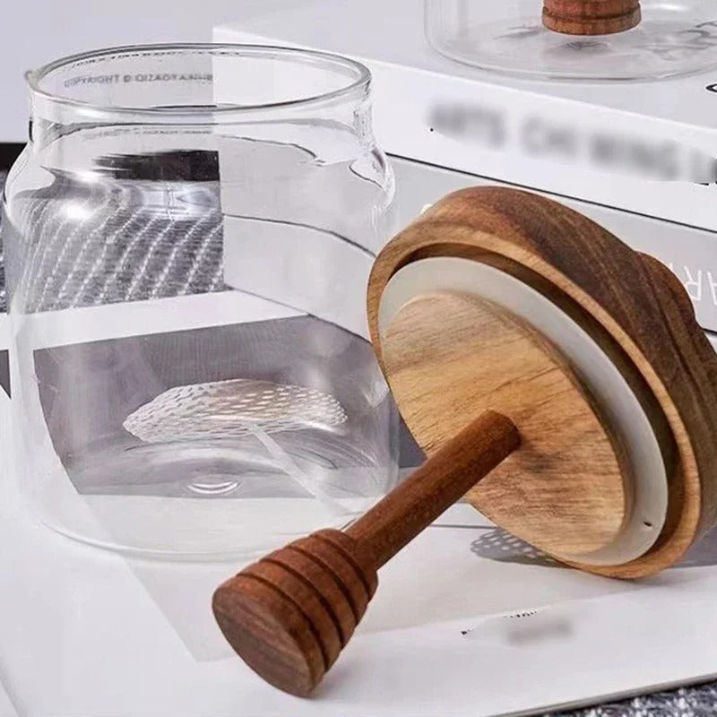 Hochwertige Borosilikat Honigglas mit Holzdeckel und Holzrührstab, 350 ml, Luftdicht
