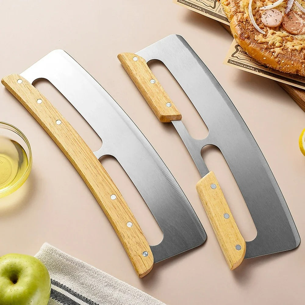 Großer Pizzaschneider mit Holzgriff – 14 Zoll gebogene Edelstahlklinge, halb runder Schaber, Backzubehör, Varianten mit ein- oder doppeltem Griff