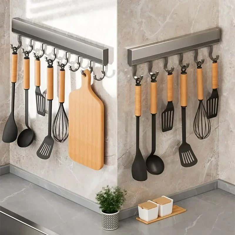 Aluminium Küchenhakenleiste Wandmontage Bohrfrei – 8/10 Haken, Verstellbar