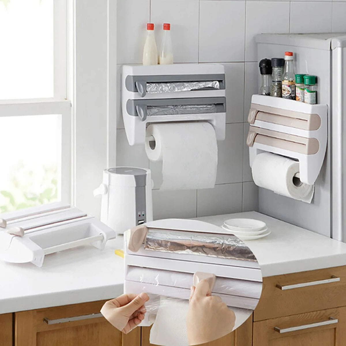 3-in-1 Aluminiumfolie und Film Dispenser – Multifunktionale Küchen Aufbewahrung, ABS Material, Mit Haken und Messer, 39x10x24 cm