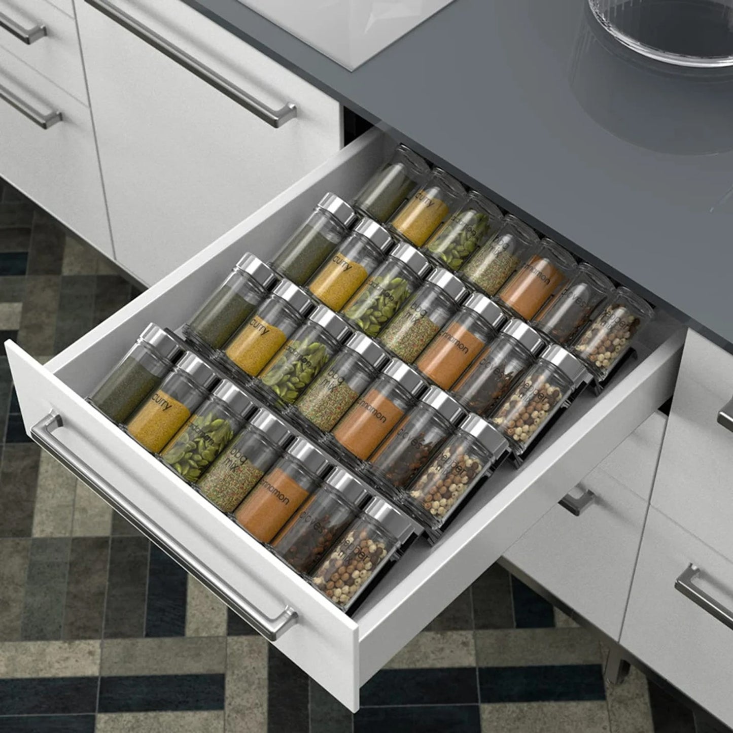 Acryl Gewürzschubladen-Organizer – 4-stufiges Gewürzregal für Küchen, Kräuter und Gewürzgläser, Verstellbares Design