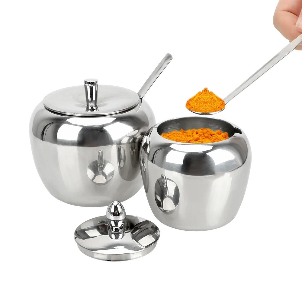 Edelstahl Zuckerdose mit Deckel und Löffel – Apfelform, 300 ml / 500 ml, Spülmaschinenfest