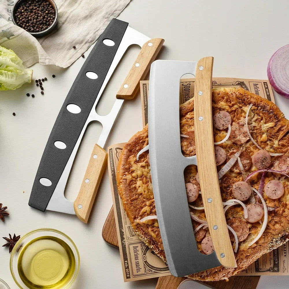 Großer Pizzaschneider mit Holzgriff – 14 Zoll gebogene Edelstahlklinge, halb runder Schaber, Backzubehör, Varianten mit ein- oder doppeltem Griff