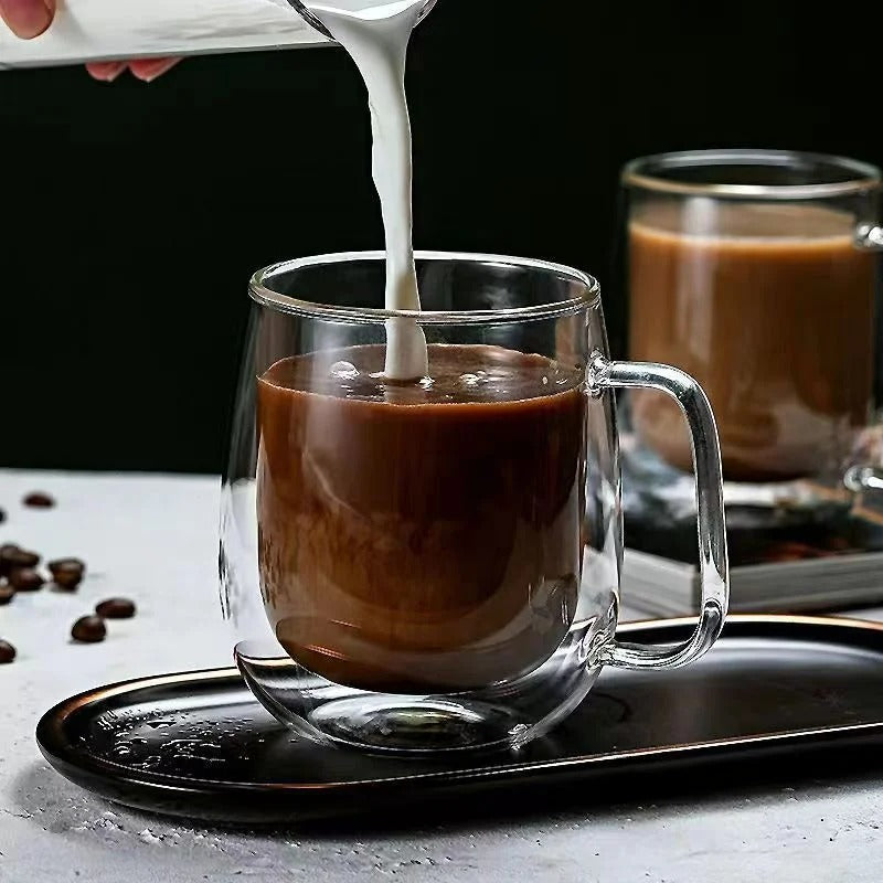 Doppelwandige Glastasse aus Borosilikatglas, 150-350 ml, hitzebeständig, mit Griff