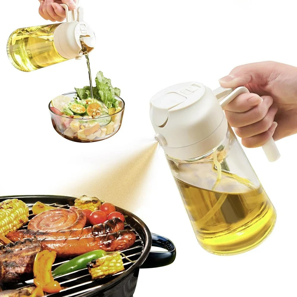 2-in-1 Ölspender und Sprühflasche aus Glas – Nachfüllbarer Olivenölspender für Küche, BBQ, und Salate – 470 ml