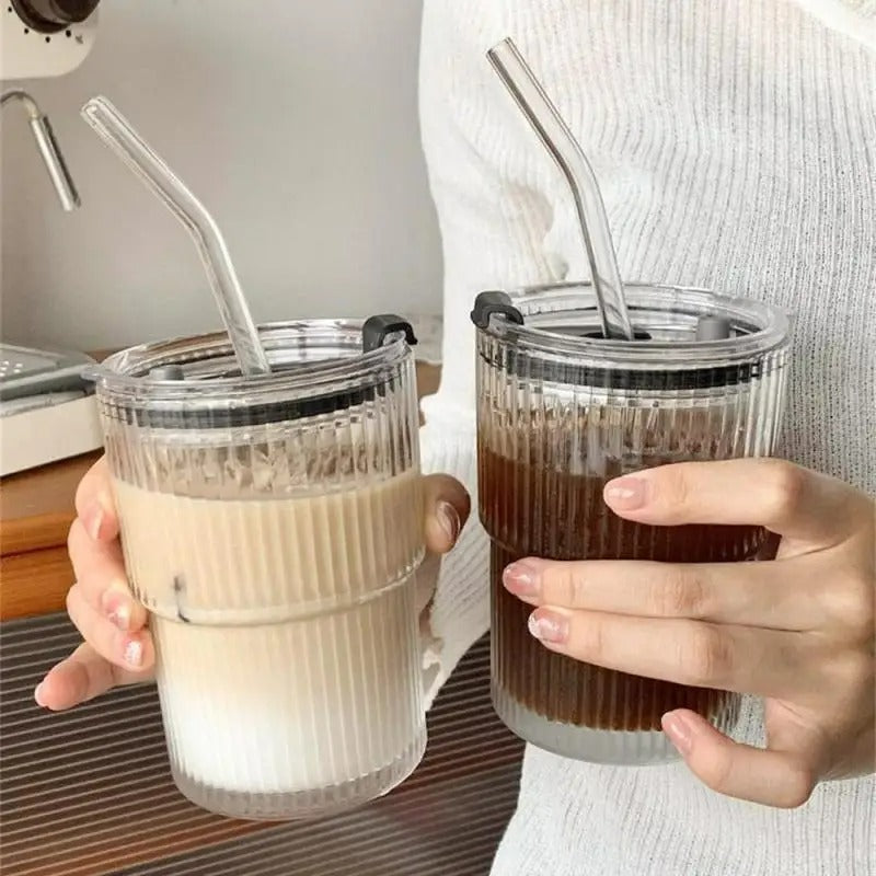 Glas Kaffeebecher mit Deckel und Strohhalm, hitzebeständiges Glas, Trinkbecher, 400ml