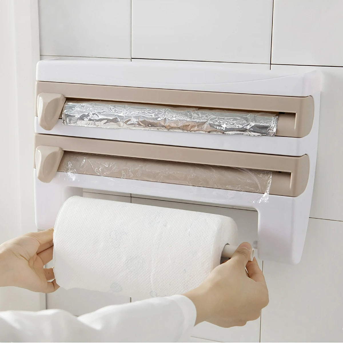 3-in-1 Aluminiumfolie und Film Dispenser – Multifunktionale Küchen Aufbewahrung, ABS Material, Mit Haken und Messer, 39x10x24 cm