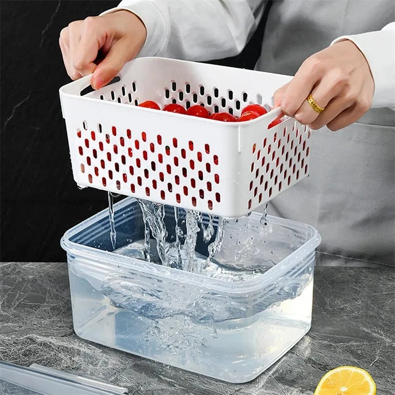 Kühlschrank Organizer Aufbewahrungsbox für Gemüse und Obst mit Abtropfkorb, 850ML–3300ML