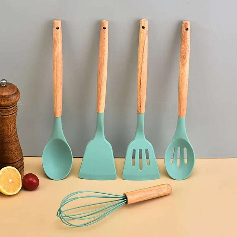 12-teiliges Küchenutensilien-Set aus Silikon mit Holzgriff – Antihaft, Hitzebeständig, Inklusive Aufbewahrungseimer