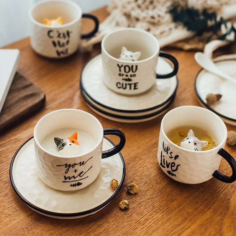 Keramik Katzenbecher mit Pfotendesign – 3D Tassen-Set mit Unterteller, für Kaffee & Tee