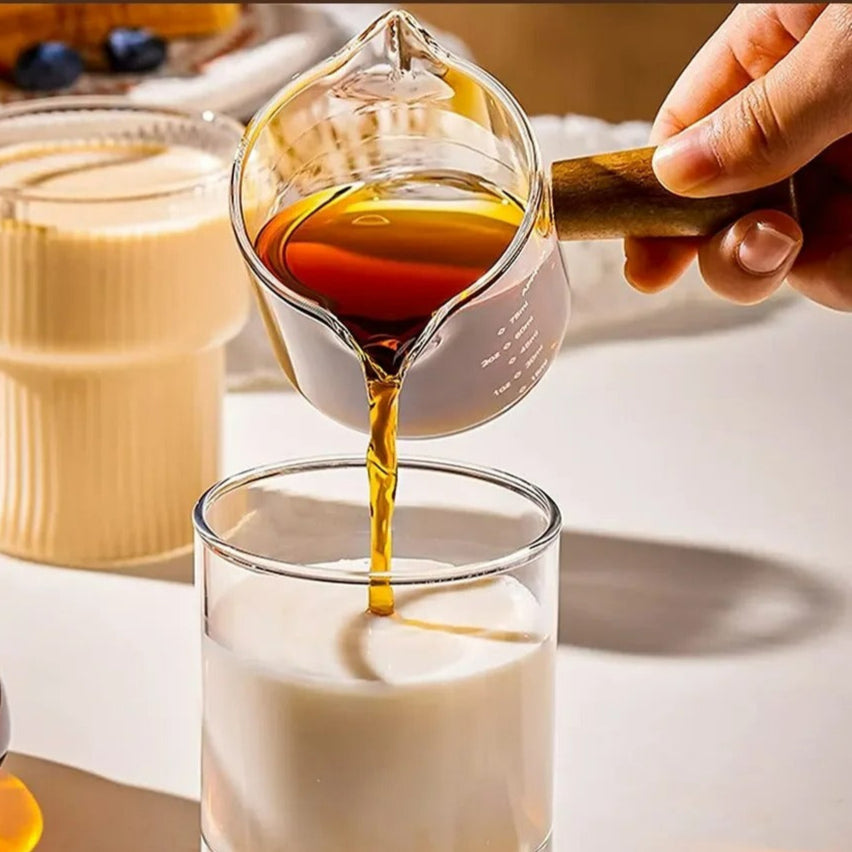 Glas Maatbeker mit Holzgriff, Espresso Messbecher, Doppel- und Einzelauslauf, Transparente Kaffeetasse für Milchkaffee, Kaffeebedarf