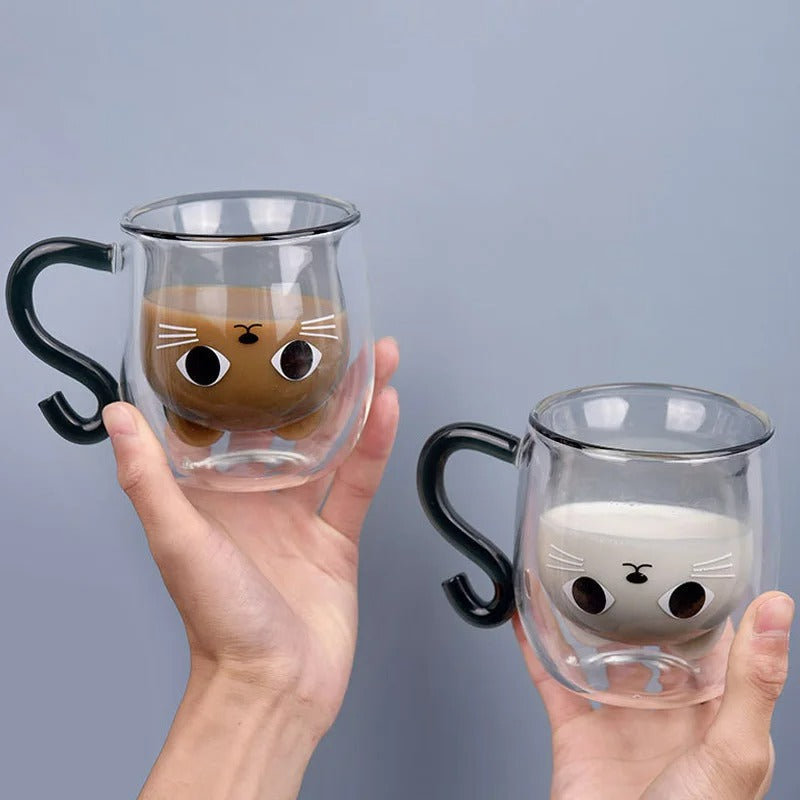 Doppelwandiger Katzen-Glasbecher mit Henkel – 280ml
