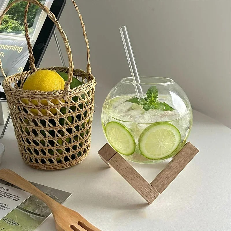 Glas Trinkbecher mit Strohhalm, 400ml, Hitzebeständig, Saftbecher, Nordic Style