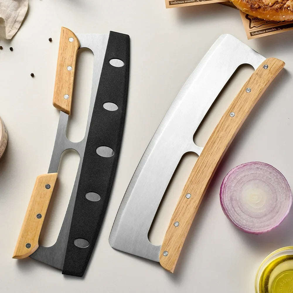 Großer Pizzaschneider mit Holzgriff – 14 Zoll gebogene Edelstahlklinge, halb runder Schaber, Backzubehör, Varianten mit ein- oder doppeltem Griff