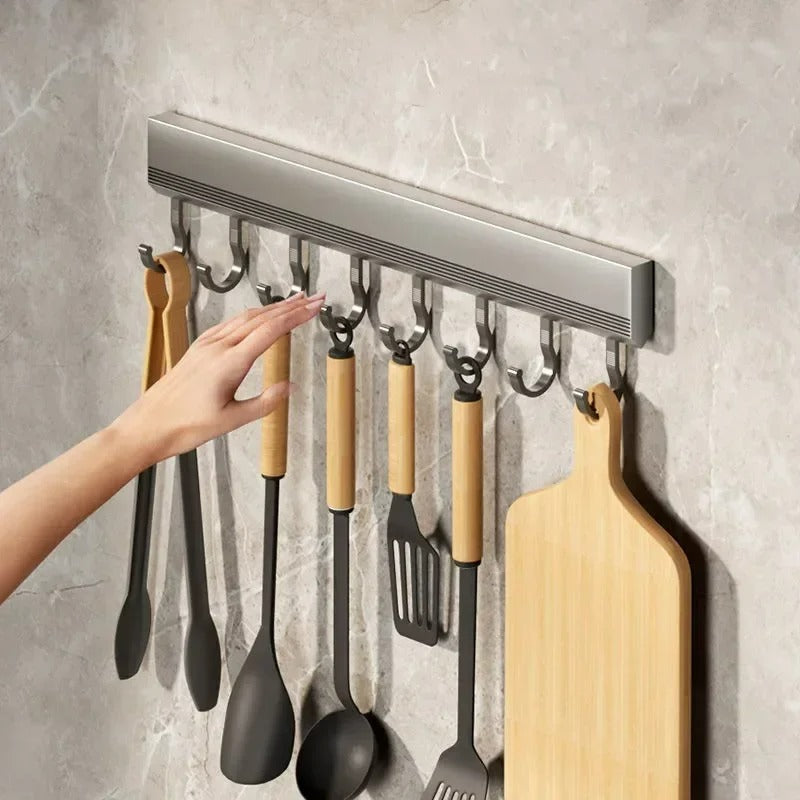 Aluminium Küchenhakenleiste Wandmontage Bohrfrei – 8/10 Haken, Verstellbar
