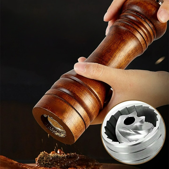Eichenholz Pfeffer- und Gewürzmühle Set – Handbetrieben, Verstellbare Keramikmühle, 14cm, 21cm, 26cm