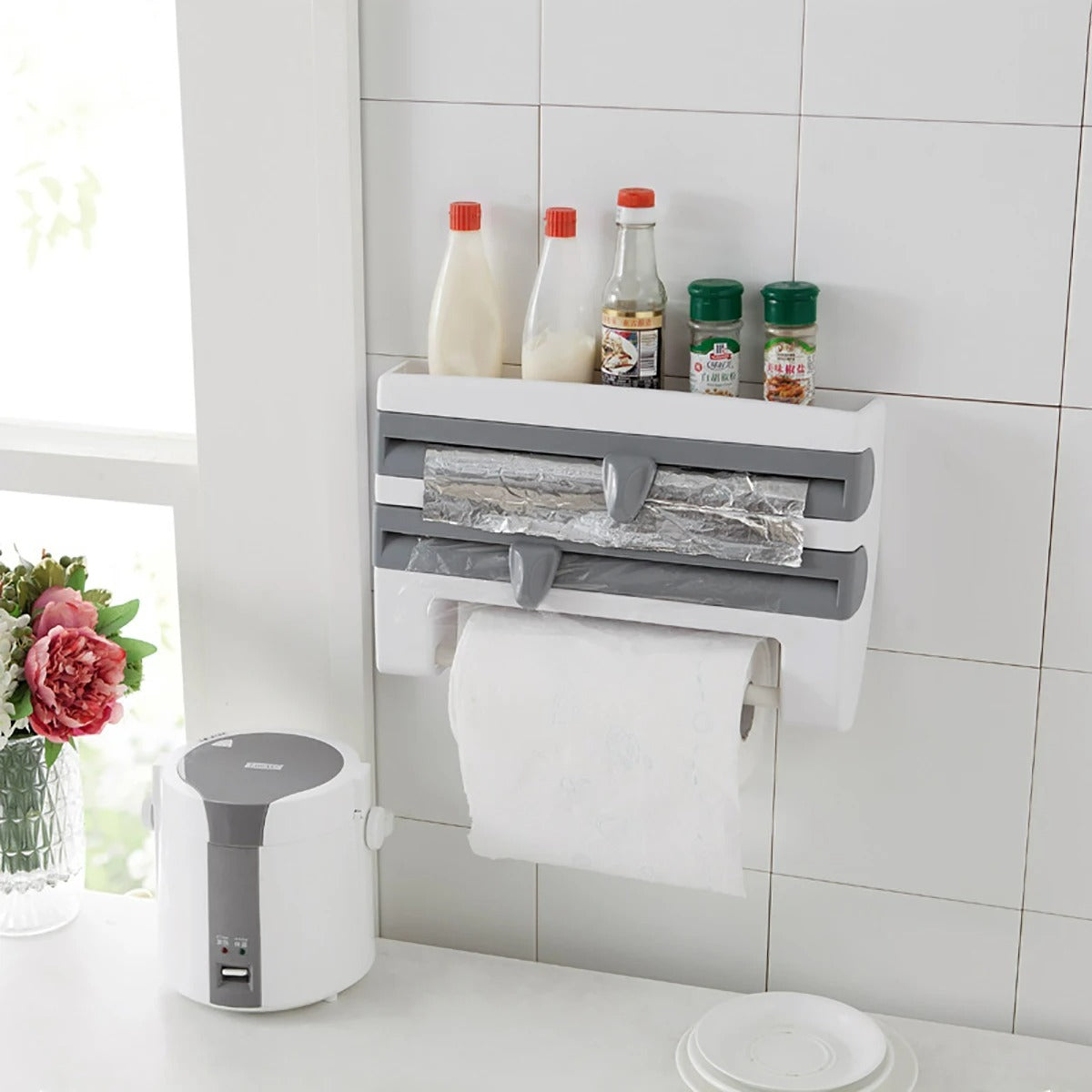 3-in-1 Aluminiumfolie und Film Dispenser – Multifunktionale Küchen Aufbewahrung, ABS Material, Mit Haken und Messer, 39x10x24 cm