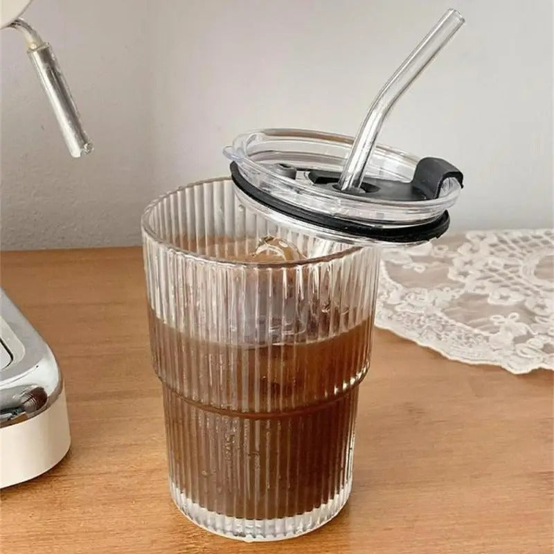 Glas Kaffeebecher mit Deckel und Strohhalm, hitzebeständiges Glas, Trinkbecher, 400ml