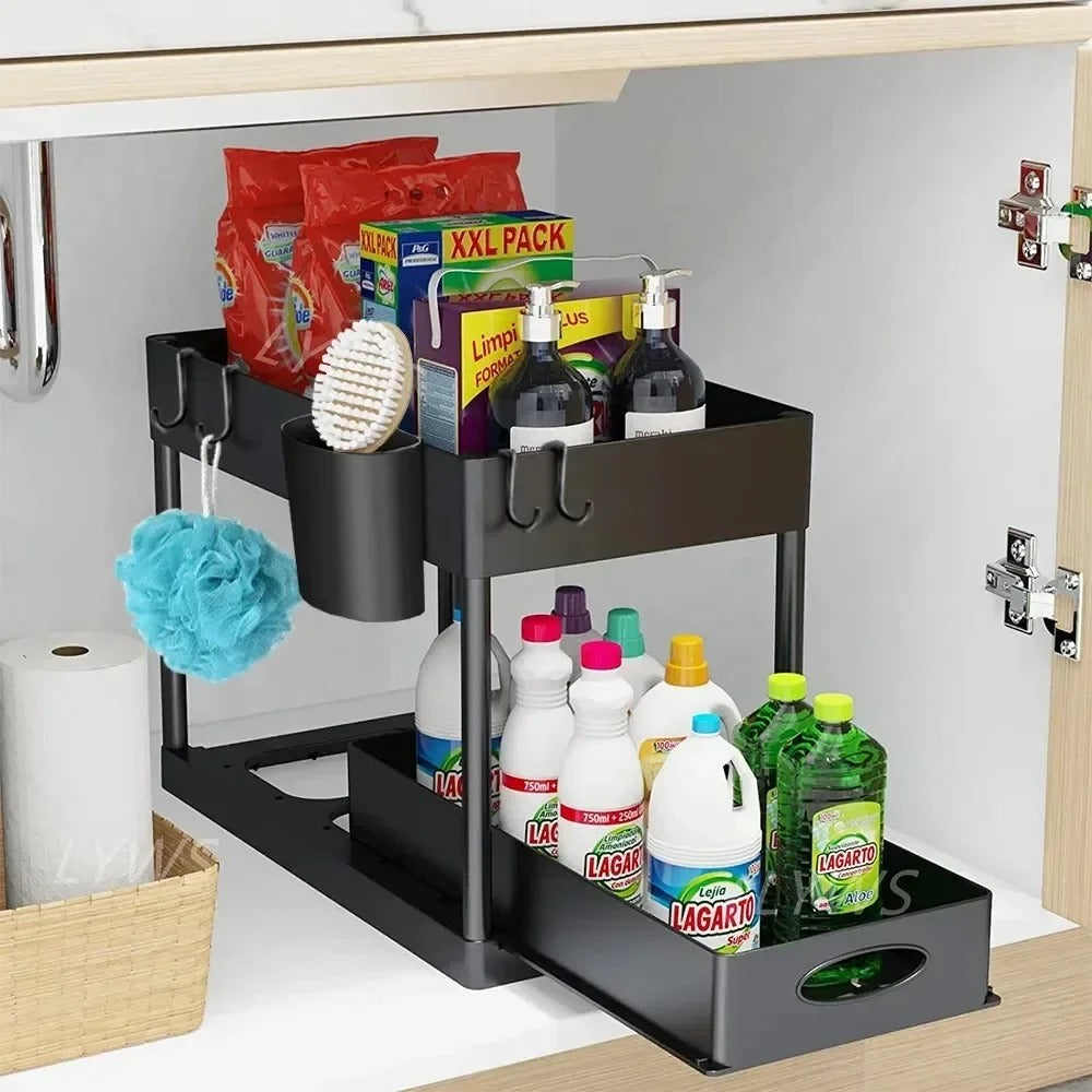 2-Ebenen Unter-Spüle-Organizer Schiebekorb Regal mit Haken und Becherhalter für Badezimmer und Küche