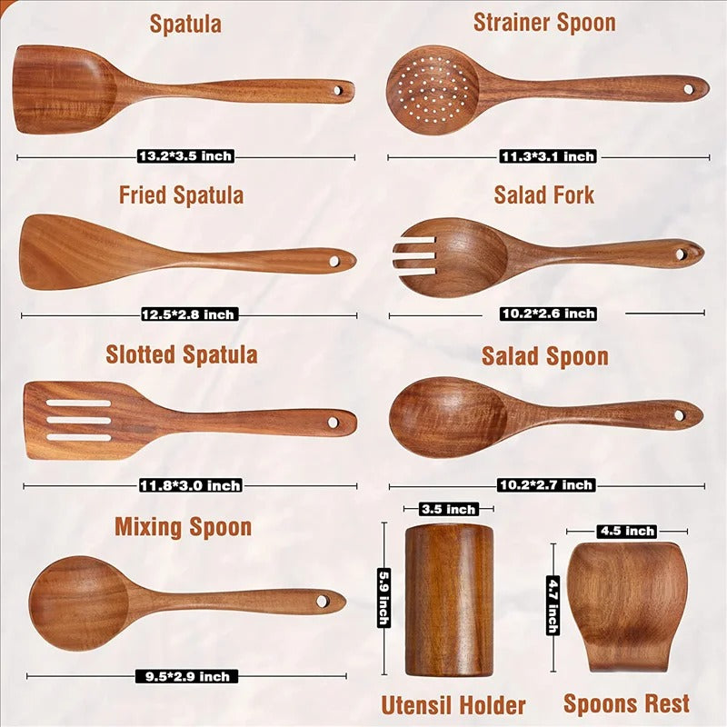 9-teiliges Küchenutensilien-Set aus Holz mit Halter und Löffelablage – Teakholz, hitzebeständig