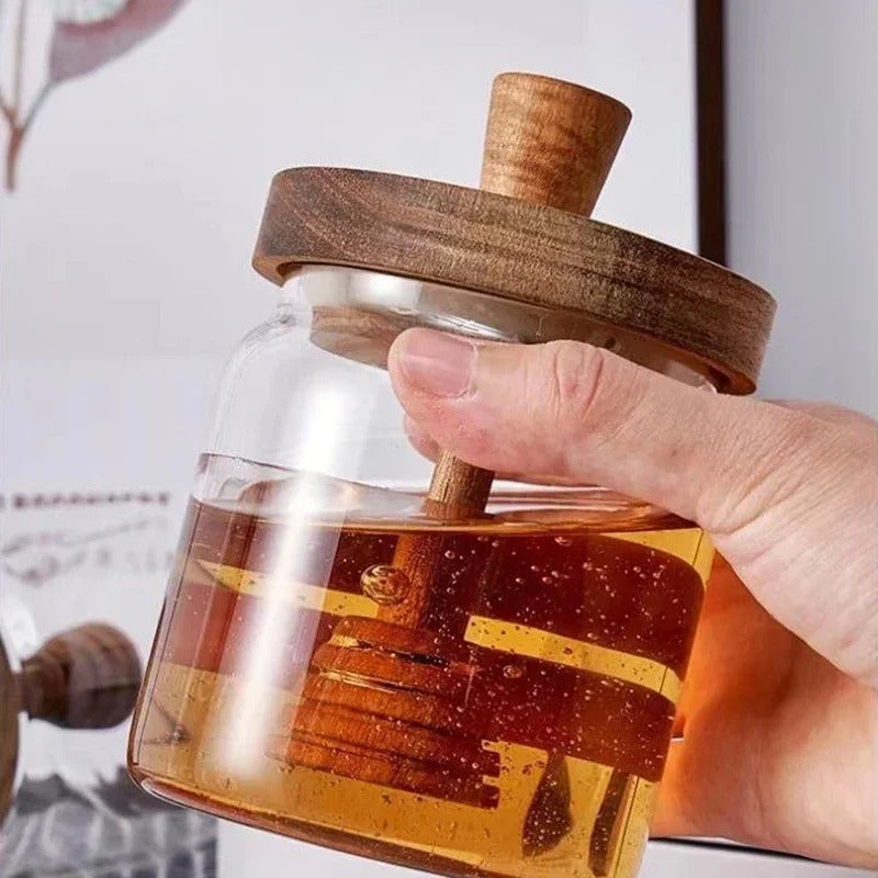 Hochwertige Borosilikat Honigglas mit Holzdeckel und Holzrührstab, 350 ml, Luftdicht