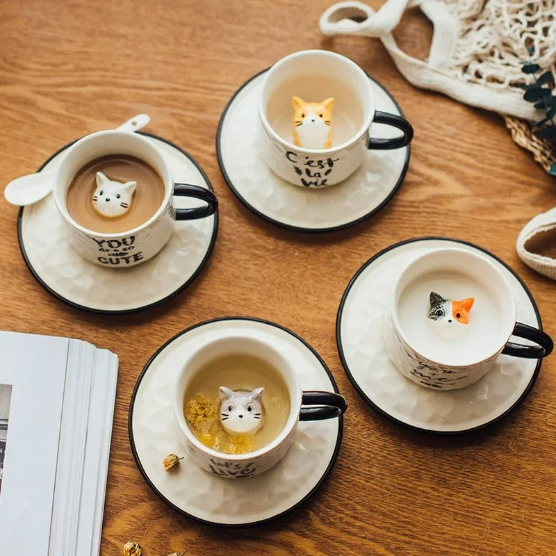 Keramik Katzenbecher mit Pfotendesign – 3D Tassen-Set mit Unterteller, für Kaffee & Tee
