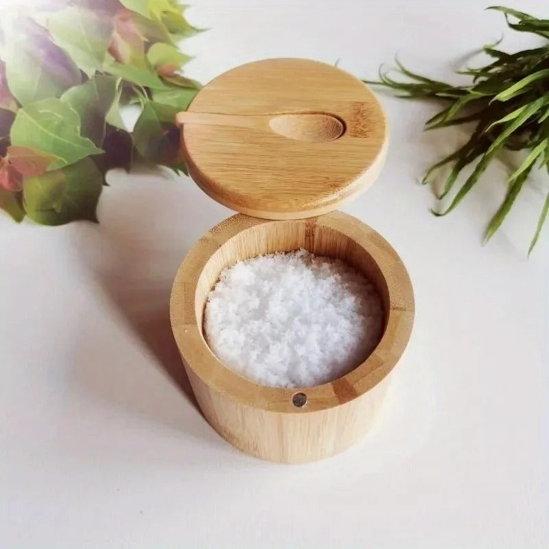 Bambus Gewürzbehälter mit Deckel – Multifunktionale Kräuterbox 9x9x7 cm mit Löffel