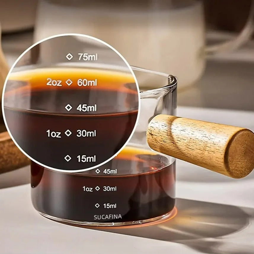 Glas Maatbeker mit Holzgriff, Espresso Messbecher, Doppel- und Einzelauslauf, Transparente Kaffeetasse für Milchkaffee, Kaffeebedarf