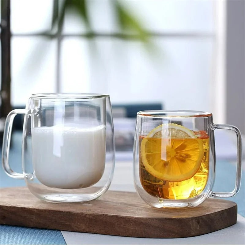 Doppelwandige Glastasse aus Borosilikatglas, 150-350 ml, hitzebeständig, mit Griff
